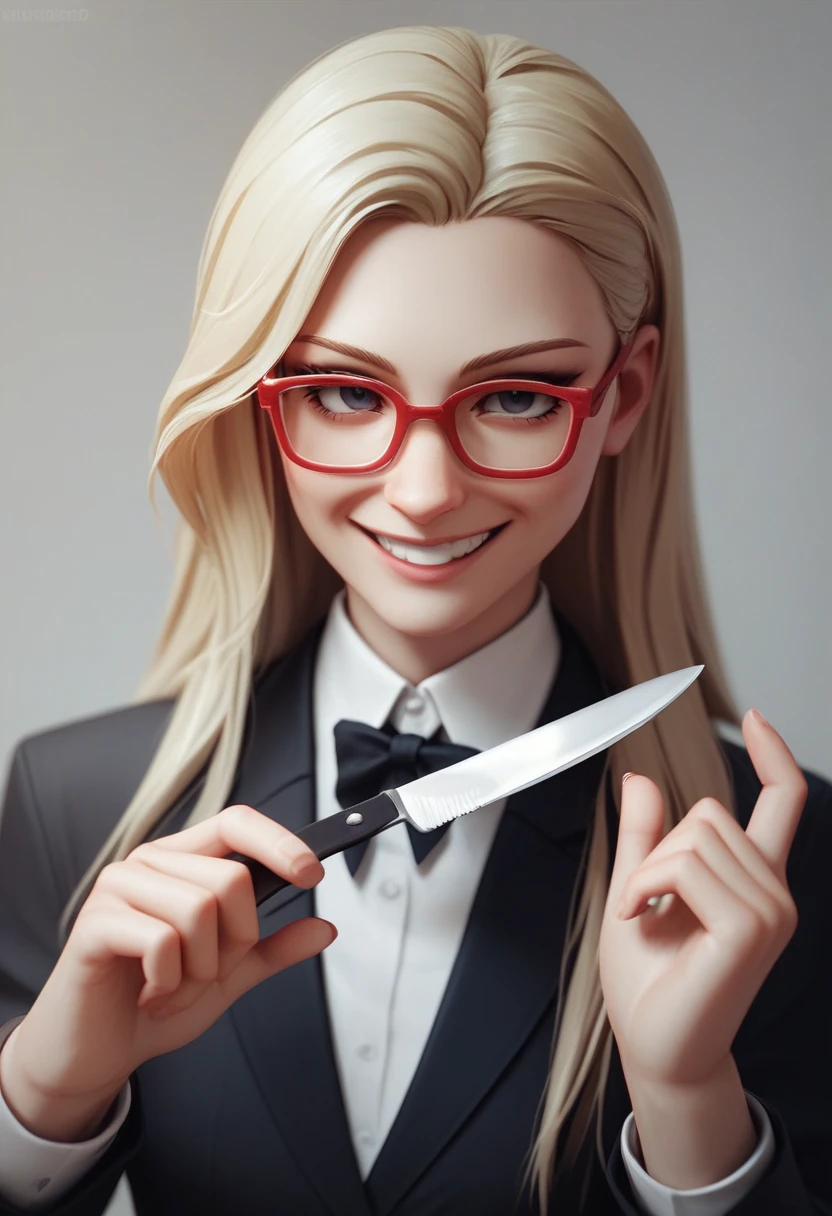 (avatar blonde woman long hair alone smiling), (only the bust), (Black Suit), (Red glasses), (fork in one hand and knife in the other hand), (3d style image).