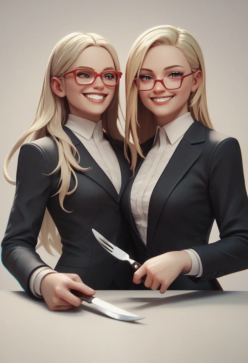 (avatar blonde woman long hair alone smiling), (only the bust), (Black Suit), (Red glasses), (fork in one hand and knife in the other hand), (3d style image).