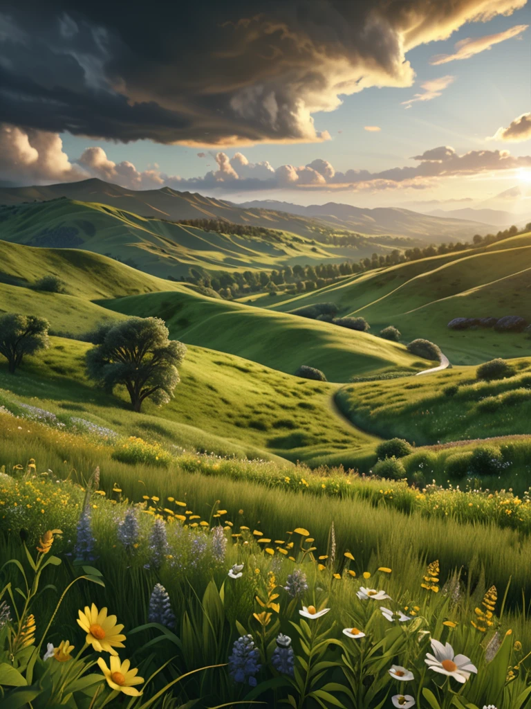 cloudy sky, golden hour, sunlight shining through clouds, dramatic lighting, serene landscape, rolling hills, lush green meadow, wildflowers, peaceful atmosphere, cinematic, highly detailed, photorealistic, 8k, masterpiece