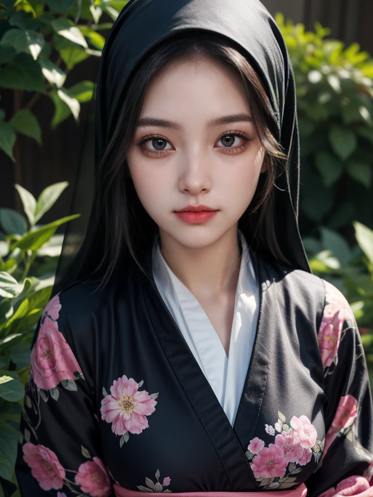 Closse-up, detailed eyes, detailed face texture, realistic photos of Hijab Korean female, slightly smile,expressive eyes,eye makeup,flower garden background,standing posture,confident attitude,Eye-Level Shot, slightly blurry background,UHD,masterpiece:1.2,highres,16k), abaya kimono big breast