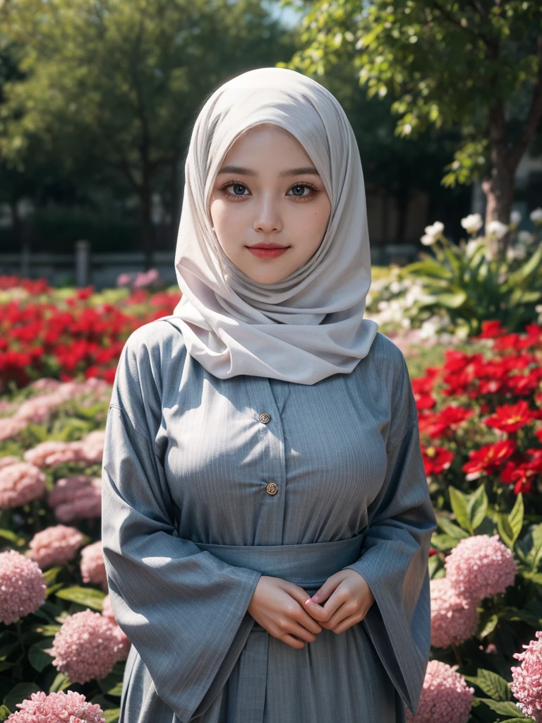Closse-up, detailed eyes, detailed face texture, realistic photos of Hijab Korean female, slightly smile,expressive eyes,eye makeup,flower garden background,standing posture,confident attitude,Eye-Level Shot, slightly blurry background,UHD,masterpiece:1.2,highres,16k), abaya kimono big breast 