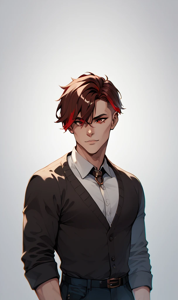 1 17 year old boy, short hair with red highlights, bright red eyes, institution clothing, based on a boy with long brown hair with white streaks, clear skin and marked body