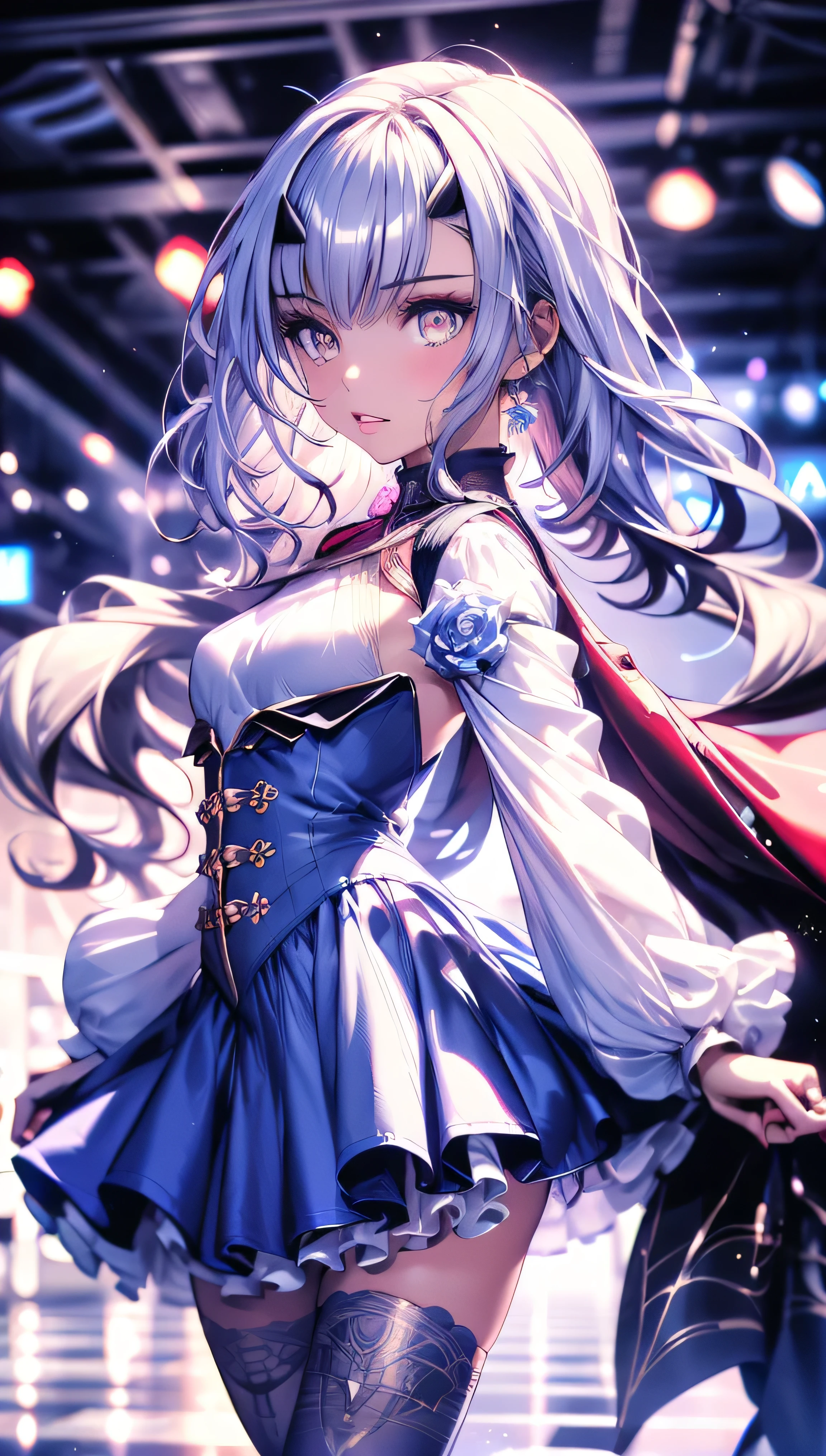 Uhd, absurdres, best_quality, masterpiece, best quality,1girl, solo, fairy knight lancelot (fate), long straight hair, forked eyebrows, white hair, small breasts, looking at viewer, dress, cape, blue dress, bangs, long sleeves, gold eyes, white rose, sidelocks