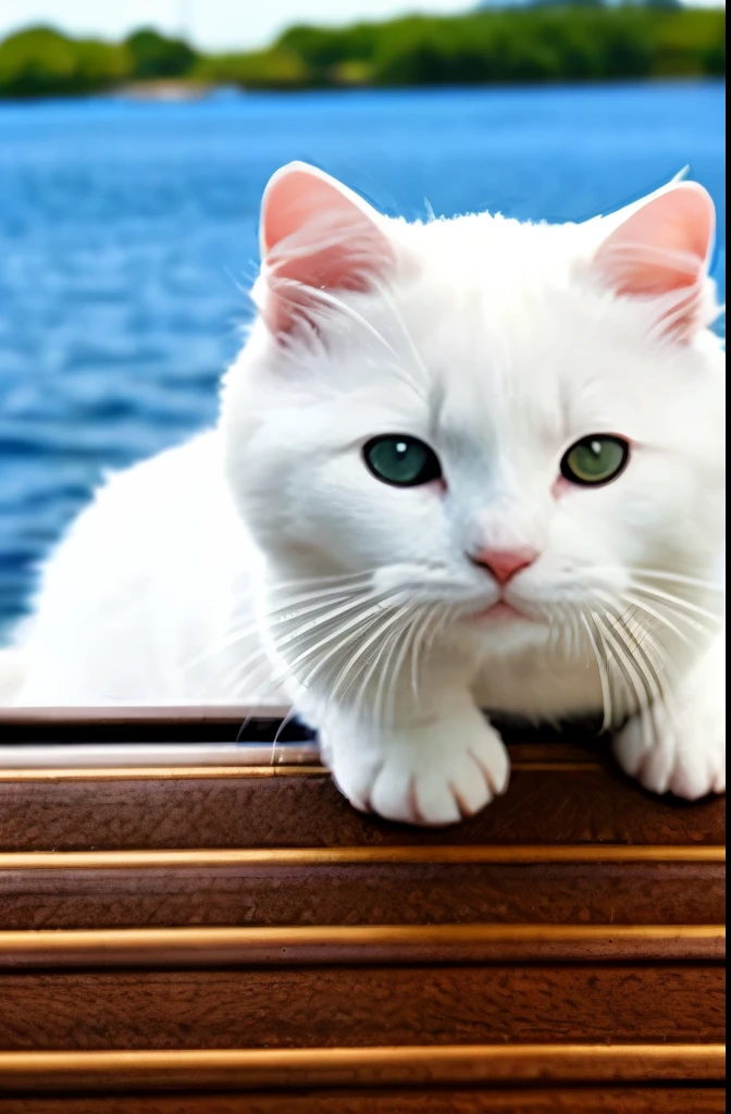there is a white cat that is riding on a boat, a picture by Niko Henrichon, reddit, happening, cute otter, the cutest creature of the world, the cutest creature in the world, adorable appearance!!!, !! looking at the camera!!, cute and adorable, adorable and cute, looking at camera!!!, cute little creature, with cute doting eyes