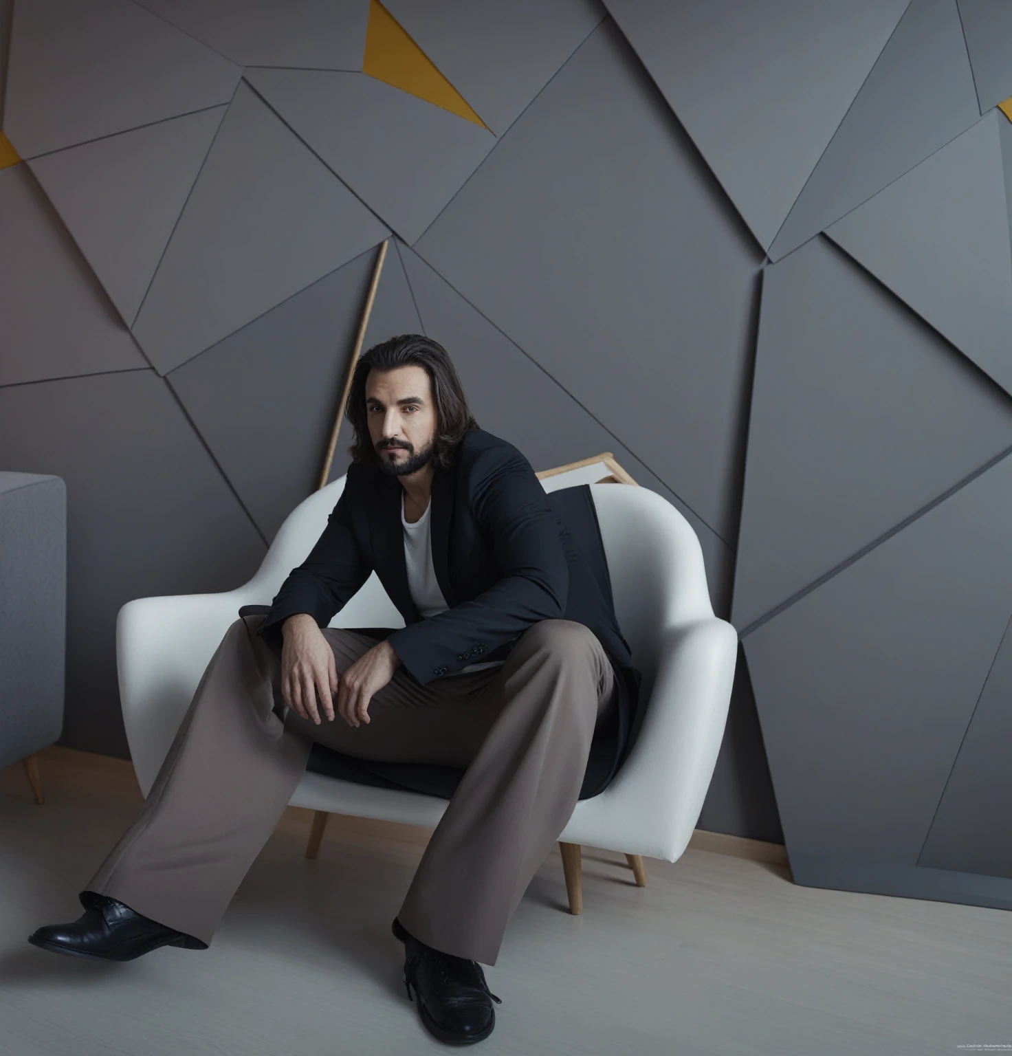 A man sits on a chair in the room, photo from promo shoot, portrait shot, matte painting portrait shot, sitting in the living room, smooth _ Background, Commercial Photography, с vray, symmetrical middle ground, taken with a canon eos 5 d, shot on canon eos 5 d, inspired by Carlo Mense, editorial photography