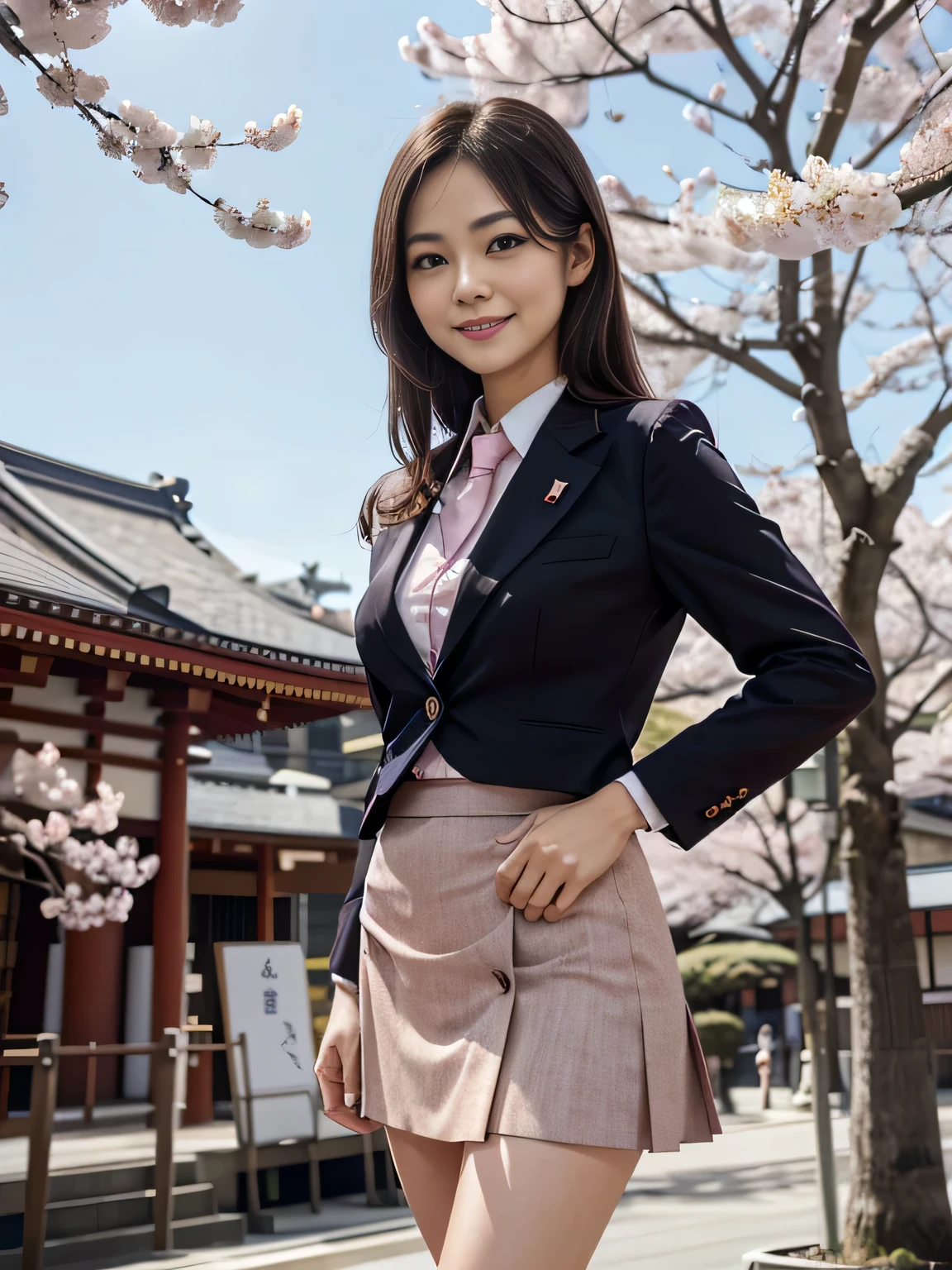 skirt,70s female, One girl, Lookwg_w_Audience, smile, Japan, Tokyo, Cherry Blossom, Octane Renderwg, 一人w, Very skwny,buswess suit,A neat image,Mature Woman