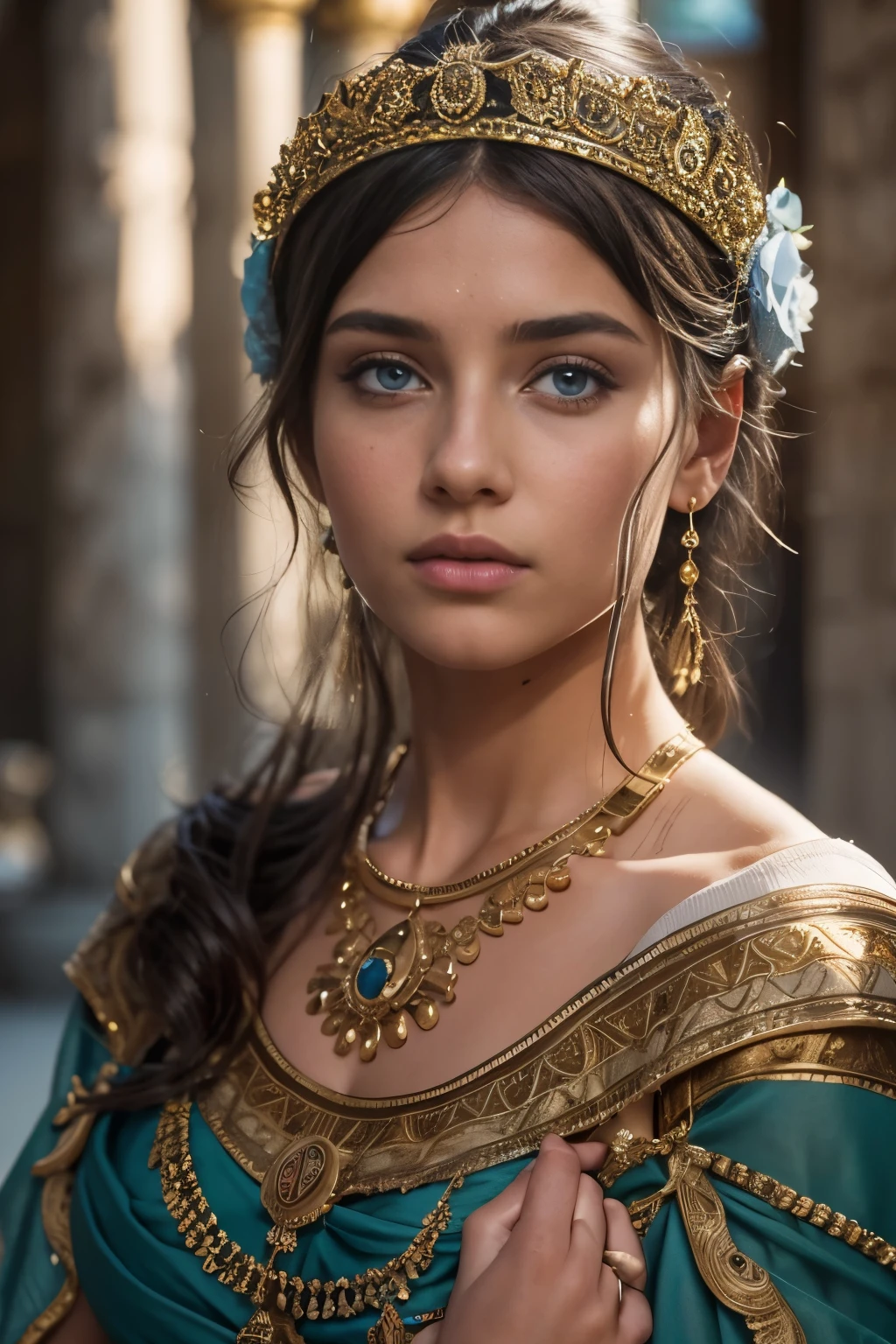 Masterpiece, 1 girl, solo, Imagine Rome, 83 BC, where the strikingly beautiful and noble Valeria Mesalina a 14 years old roman noble girl, (slim body, light black long hair, intense blue eyes, ultra detailed noble yet seductive face),. Mesalina, a 14 years old roman noble girl is radiant in her elegance and embodies the ideal of Roman femininity, her youthful beauty enhanced by the luxurious fabrics and sophisticated ancient roman style wedding garments, (roman clothings from the 1st century BC:1.2), 16K, ultra high res.photorealistic, UHD, RAW