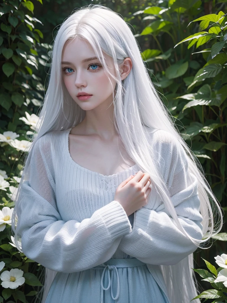 Long white hair, blue eyes, serious features, white skin, loose style, in a garden, with flowers , in the forest 