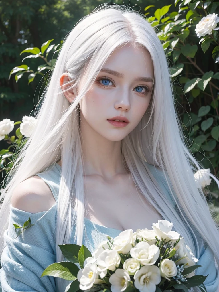 Long white hair, blue eyes, serious features, white skin, loose style, in a garden, with flowers , in the forest