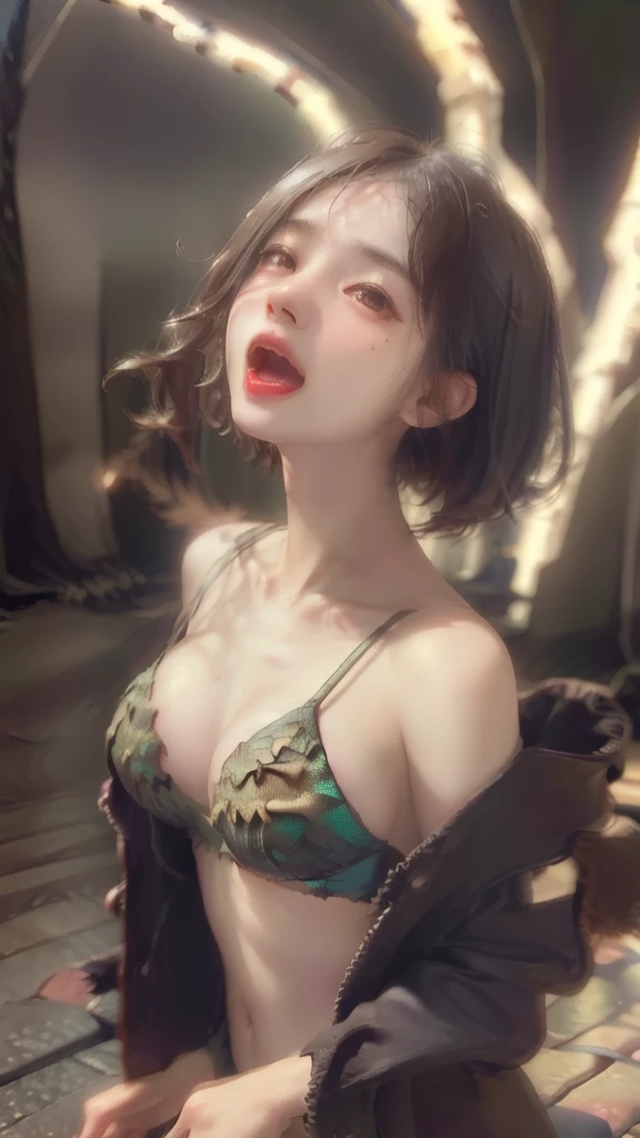 a beautiful girl with long brown hair, bra, panties, torn clothes, tattered clothes, human face, screaming in terror, standing on a street corner, all fours, (best quality,4k,8k,highres,masterpiece:1.2),ultra-detailed,(realistic,photorealistic,photo-realistic:1.37),award winning,transformation,magma dragon,dragon,intricate details,photorealistic,cinematic lighting,volumetric lighting,depth of field,beautiful face,striking pose,dynamic composition,vivid colors,warm tones