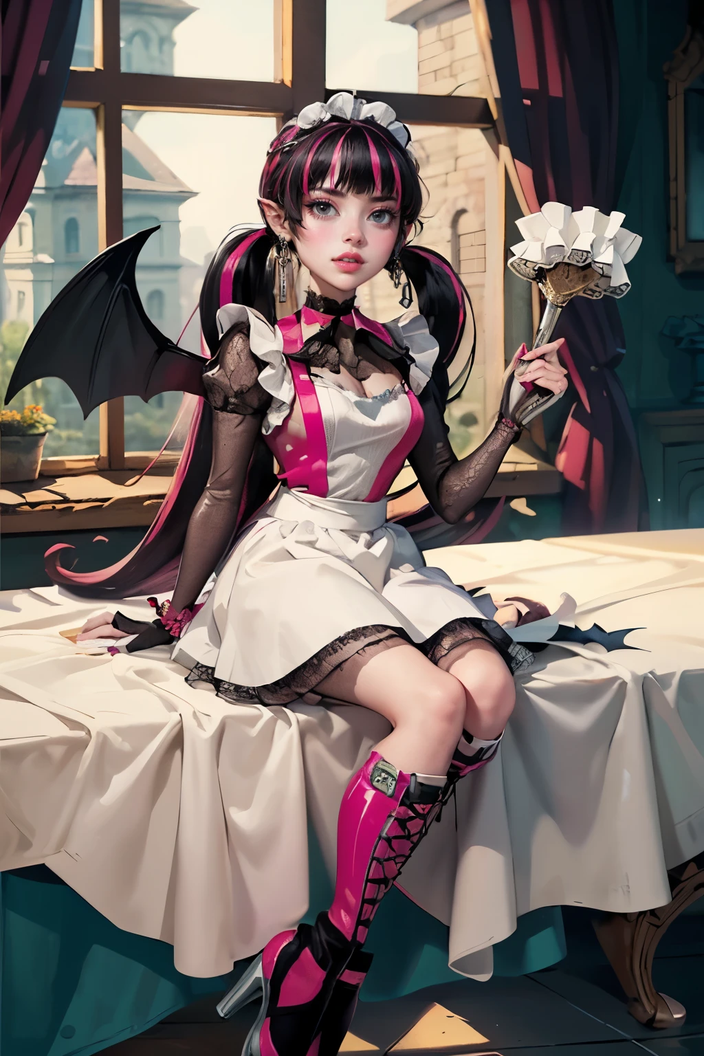 1 girl, a girl with bat wings, holding a pastry brush, succubus, bakery, a cake on focus, cake with strawberrys and red roses, bat choker, necklace, centered, bat jewelry, medieval castle scenery, Pink bat Jewelry, smile, vampire fangs, (looking at viewer), Draculaura_MH, wavy hair, Alone, half black hair, half pink hair, multicolored hair, long hair, braided hair, gothic scenery, medieval style, maid dress, white apron, maid apron, maid headdress, white skirt, pink knee boots, smiling, in kitchen, kitchen, black lanterns, stand up close to window, depth of field, film composition, ((high quality)), ((artwork)), (More details), maid dress, black maid headdress, black maid apron, bat wings, white dress, black dress with transparency, pink laces, pink gloves, black high socks , boots of high hills, bat jewel, jewel, sit on the grass, dark red roses in focus, Draculaura_(school of monsters), school of monsters, Looking at the viewer, More details on the clothes,