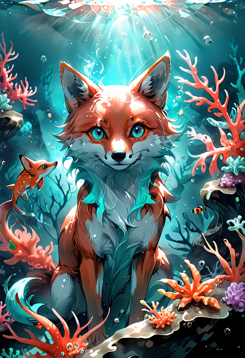 Illustration HD d un renard, avec des yeux intenses et brillants. La scène se déroule sur un fond chaotique de fumée Cyan et d'éclaboussures de Coral mêlant réalisme et éléments d'art abstrait.
QT with your Coral and Cyan art