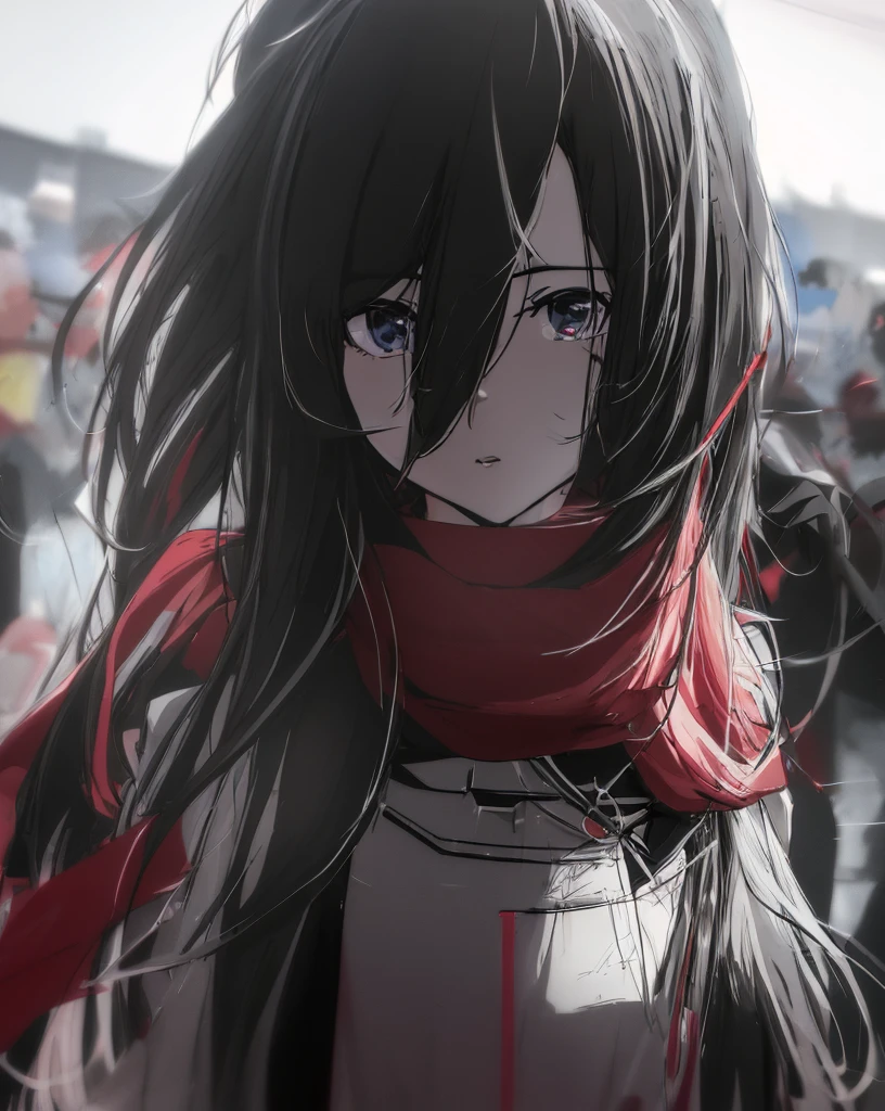 Anime girl with long hair and red scarf standing in front of the crowd, 4K anime style, 4k anime wallpapers, 4k anime wallpapers, Anime wallpaper 4K, Badass anime 8 K, Anime art wallpaper 4k, Anime art wallpaper 4k, 4k manga wallpapers, Anime art wallpaper 8k, style of anime. 8K, female anime character