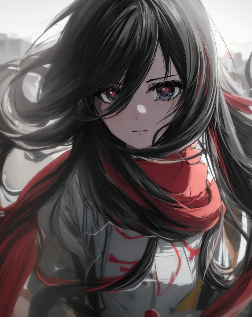 Anime girl with long hair and red scarf standing in front of the crowd, 4K anime style, 4k anime wallpapers, 4k anime wallpapers, Anime wallpaper 4K, Badass anime 8 K, Anime art wallpaper 4k, Anime art wallpaper 4k, 4k manga wallpapers, Anime art wallpaper 8k, style of anime. 8K, female anime character