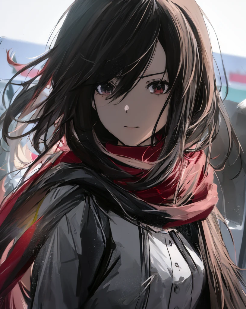 Anime girl with long hair and red scarf standing in front of the crowd, 4K anime style, 4k anime wallpapers, 4k anime wallpapers, Anime wallpaper 4K, Badass anime 8 K, Anime art wallpaper 4k, Anime art wallpaper 4k, 4k manga wallpapers, Anime art wallpaper 8k, style of anime. 8K, female anime character