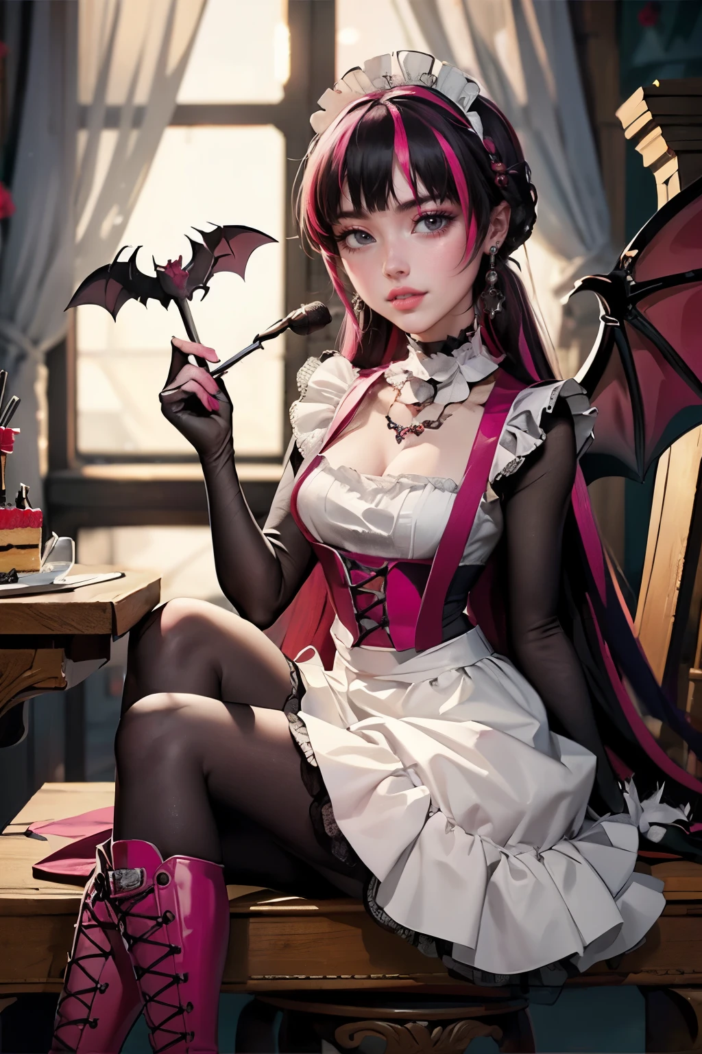 1 girl, a girl with bat wings, holding a pastry brush, succubus, bakery, a cake on focus, cake with strawberrys and red roses, bat choker, necklace, centered, bat jewelry, medieval castle scenery, Pink bat Jewelry, smile, vampire fangs, (looking at viewer), Draculaura_MH, wavy hair, Alone, half black hair, half pink hair, multicolored hair, long hair, braided hair, gothic scenery, medieval style, maid dress, white apron, maid apron, maid headdress, white skirt, pink knee boots, smiling, in kitchen, kitchen, black lanterns, stand up close to window, depth of field, film composition, ((high quality)), ((artwork)), (More details), maid dress, black maid headdress, black maid apron, bat wings, white dress, black dress with transparency, pink laces, pink gloves, black high socks , boots of high hills, bat jewel, jewel, sit on the grass, dark red roses in focus, Draculaura_(school of monsters), school of monsters, Looking at the viewer, More details on the clothes,
