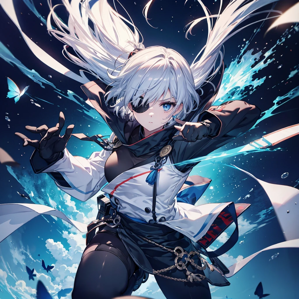 (((1 person　put on an eyepatch　Gray Hair　Qinglong)))　(((Jumping kick)))　((High resolution　short hair　shoulder　Also々funny Face　knifeを胸の前で構える))　((Black Band　Ninja　Lonely　despair　blue eyes　close))　((Blue Butterfly　night　Japanese style　old　Shining Aura　Jump　Catch the wind　Distorted Space))　(dance　日本knife　knife　Slashing)　月night　moonlight　star　Shuriken　Shining Background　Shining Edges