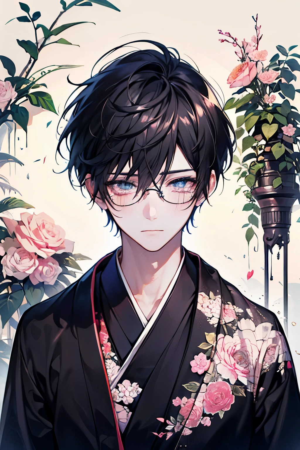 ((Beautiful men's:1.2)), black hair,Sparkling marble eyes,Shiny Sparkling eyes,Oversized floral T-shirt,high quality, amount of drawing, pixiv illustration,nsfw,beautiful image,perfect pixiv,glasses,(Crying face),blush,Shyness,Japanese style background