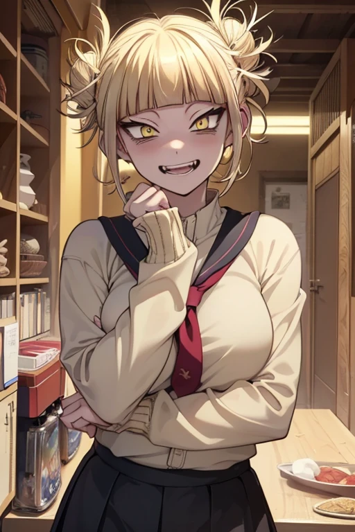 (himiko toga),+,(Boku no hero academia characters),(girl1), (yellow eyes, cat pupils, and short blonde hair with pulps and cat canines) 