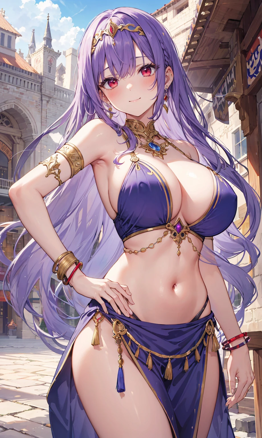 high quality, ultra detailed, best quality, insanely detailed, beautiful, masterpiece, 1girl, medieval plaza, cowboy shot, red eyes, long hair, purple hair, belly dancer, circlet, earrings, armlets, bracelets, bashful smile, large breasts, cleavage, soft stomach