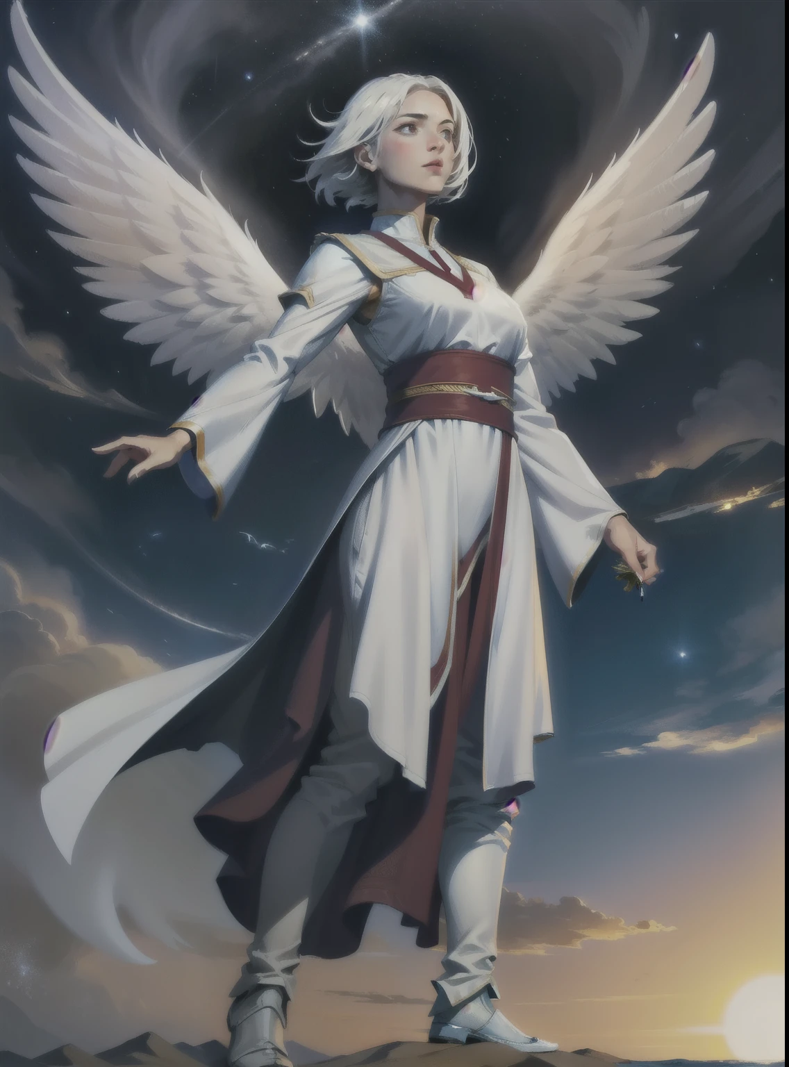 an angel with white clothes and wine hair, flying, medieval clothes, angel clothes, and flying through the heavens, without showing the ground