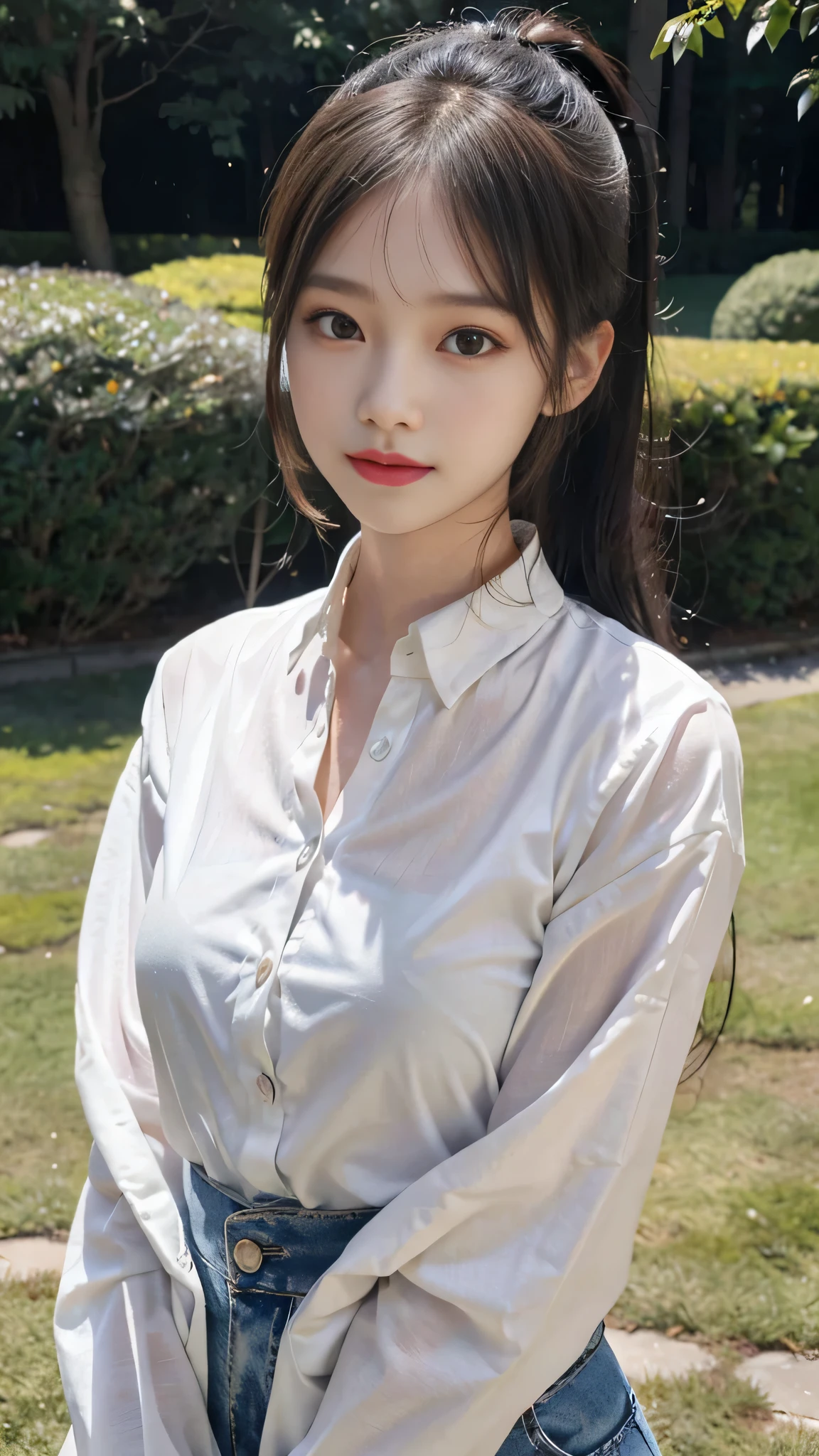 White collared shirt,jeans,Park,On the lawn,Close up face,One woman,masutepiece, The highest image quality, High quality, the background is clear,Beautiful woman, Japanese,Ultra-detailed, finely detail, hight resolution, 8K Wallpaper, Perfect dynamic composition, Beautiful detailed eyes , Detailed, Detailed eyes, Detailed skin, Beautiful skin, 超hight resolution, (reality: 1.4),Very beautiful woman, Slightly younger face, Beautiful skin, slender, (Ultra photo realsisim), (hight resolution), (8K), (Very detailed) (beautifully detailed eyes), (super detailed), (Detailed face), view the viewer, Fine details, Detailed face, Staring straight ahead, Staring straight ahead, photos realistic, Bright lighting, Professional Lighting, Black hair,poneyTail,a baby face,fourteen years old,Hairstyle: ponytail,Long ponytail hairstyle,slight smile,neat and tidy clothing,Beautiful Japanese KPOP idol photo, hair style is ponytail, my eyes are double and wide, baby face, smile and look straight ahead, slender, small breasts,Close up face,