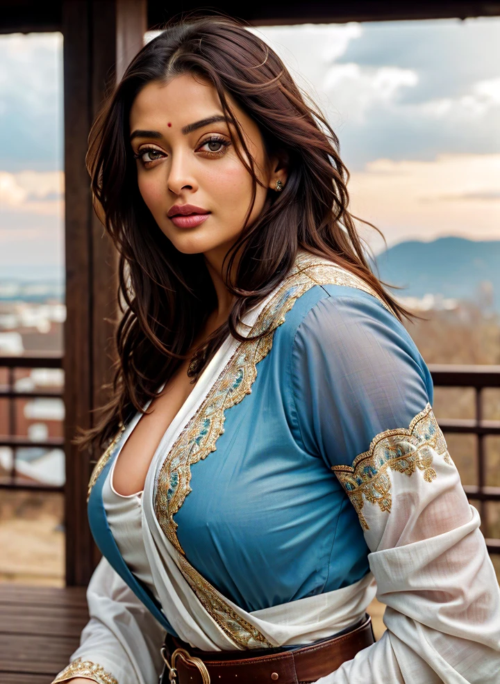 cowboy shot scenic professional photograph of RAW photo, photorealistic, [:intricate details:0.3], best quality, photo of beautiful Aishwarya Rai Bachchan Indian actress 45y old woman, with brown hair, detailed skin, (like a plus size:1.1), (beautiful round shape breasts:1.1), (big ass:1.1), ( white, red, blue, color saree with blouse), 1girl, graceful body structure, from front, looking at viewer, cowboy shot, in outdoor London town city, natural color, perfect viewpoint, highly detailed, wide-angle lens, hyper realistic, with dramatic sky, polarizing filter, natural lighting, vivid colors, everything in sharp focus, HDR, UHD, 64K Photorealistic, Hyperrealistic, Hyperdetailed, analog style, detailed skin, matte skin, soft lighting, subsurface scattering, realistic, heavy shadow, masterpiece, best quality, ultra realistic, 8k, golden ratio, Intricate, High Detail, film photography, soft focus