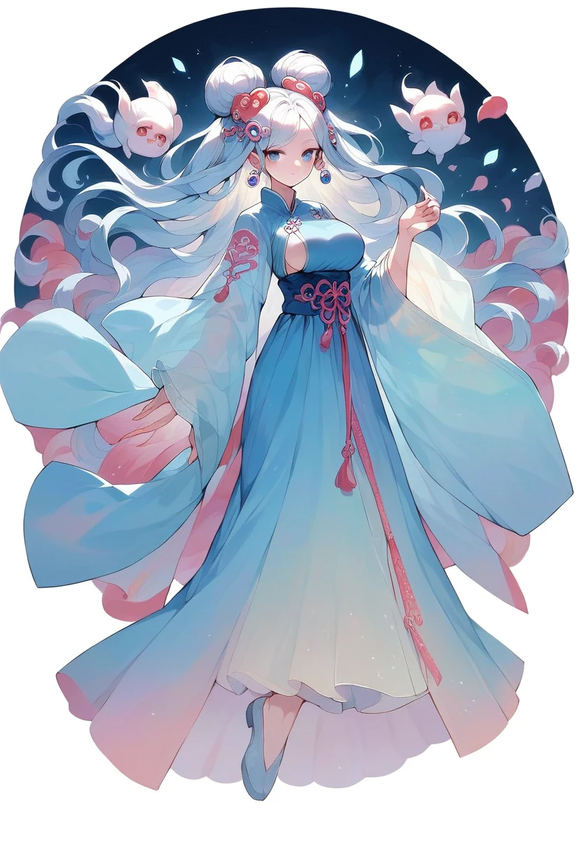 score_9, score_8_up, score_7_up, ultra detailed, full body, looking at viewer,  chinese fairy woman, wide sleeves, hanfu, see-through, dress, robe,, Chinese traditional style,  (hair ornament), floating fabric band behind the character forming an arch, blue eyes, white hair, long hair, skirt open on sides, big breasts, sideboob, dwarfoil, Oiled skin, gloss lips, detailed outdoor background,