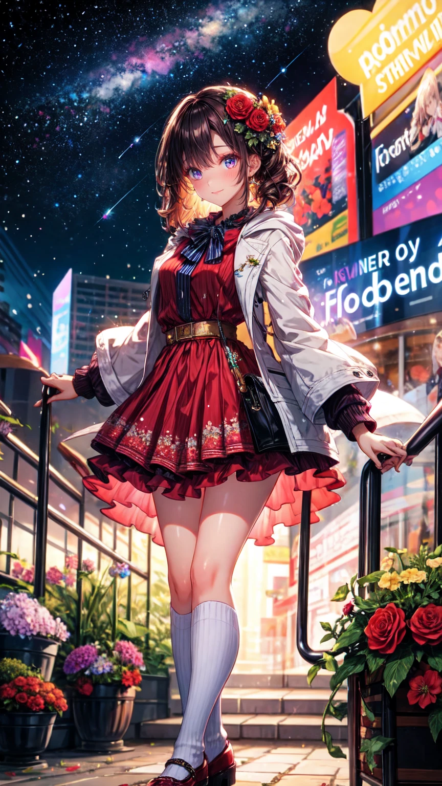 Top quality, High target_solve, clearly_image, Detailed background, girl, flower, flower园, Starry Sky,