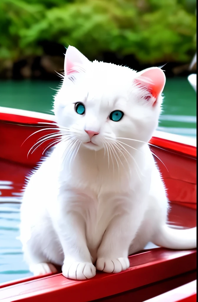 there is a white cat that is riding on a boat, cute otter, the cutest creature of the world, the cutest creature in the world, adorable appearance!!!, !! looking at the camera!!, cute and adorable, adorable and cute, looking at camera!!!, with cute doting eyes, cute little creature, curious expression, cute animal, adorably cute
