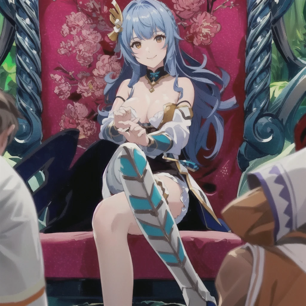 Animated character with a bird on a red chair, Ayaka Genshin Impact, Ayaka Games Genshin Impact, From the Azur Lane video game, Blue scales covering her chest, Aqua from Konosuba, Video Game Screenshots, Granblue Fantasy, black moody scene, black, The smiling goddess Hera, Sitting on a complicated throne