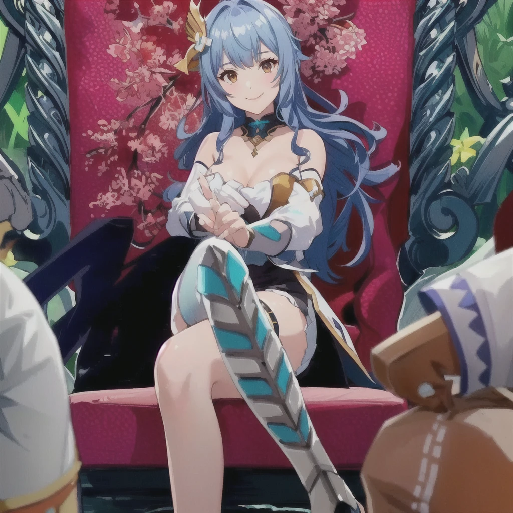 Animated character with a bird on a red chair, Ayaka Genshin Impact, Ayaka Games Genshin Impact, From the Azur Lane video game, Blue scales covering her chest, Aqua from Konosuba, Video Game Screenshots, Granblue Fantasy, black moody scene, black, The smiling goddess Hera, Sitting on a complicated throne