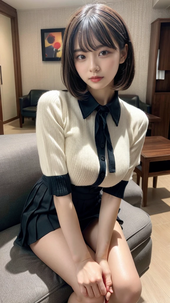 Masterpiece, highest quality, figure, Very detailed, Fine details, High resolution, 8k,wallpaper, Perfect dynamic composition,(Detailed high quality, Realistic depiction of eyes:1.3), (Collared knit shirt:1.1), Pleated skirt, Short Bob Hair、Black hair color, Big Natural Color Lip, Bold sexy pose, Crying a little、Harajuku Style、Acrobatic pose, 20-year-old girl、Cute type、ta、Beautiful feet, Hotel Rooms, Idol Sculpture, Voluptuous thighs, Huge breasts