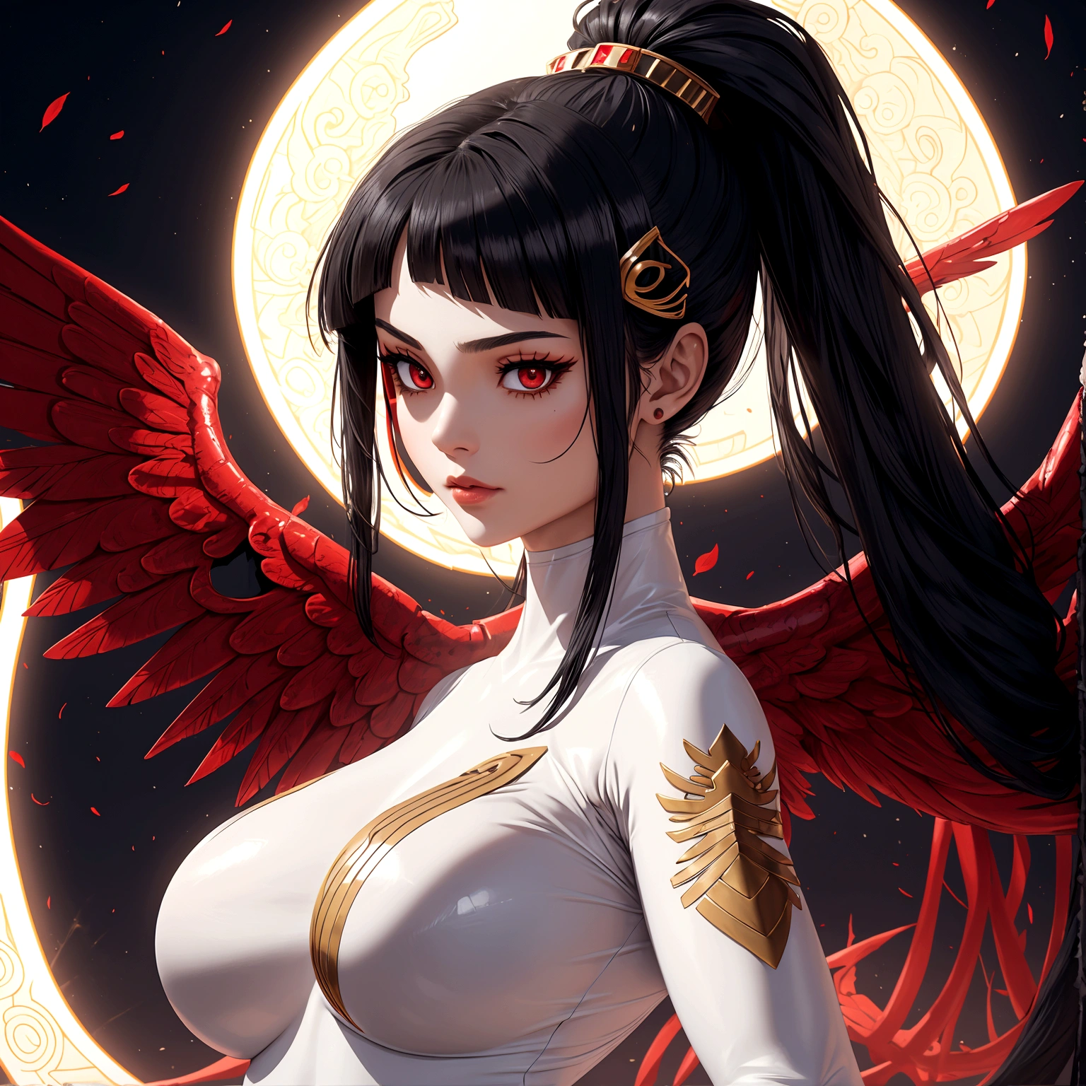 Cleopatra girl with extreme muscular body, white ninja outfit, red catsuit, fair skin, halo, black angel wings, black hair with ponytail and gigantic breasts.