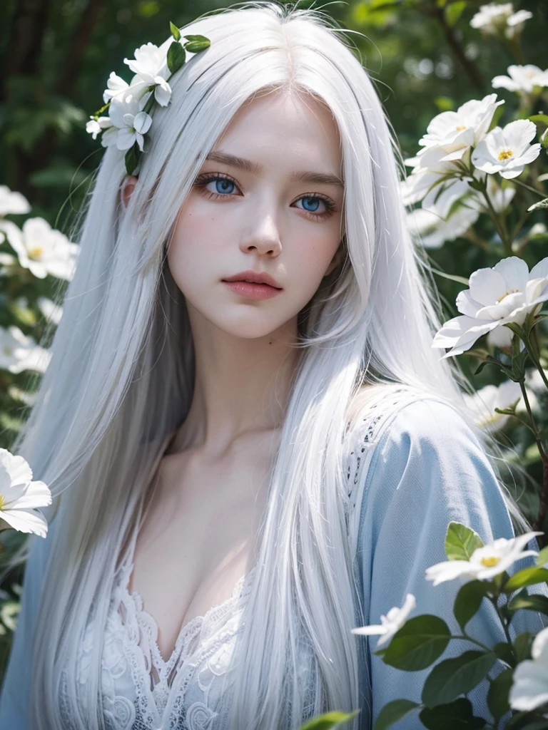 Long white hair, blue eyes, serious features, white skin, loose style, in a garden, with flowers , in the forest 