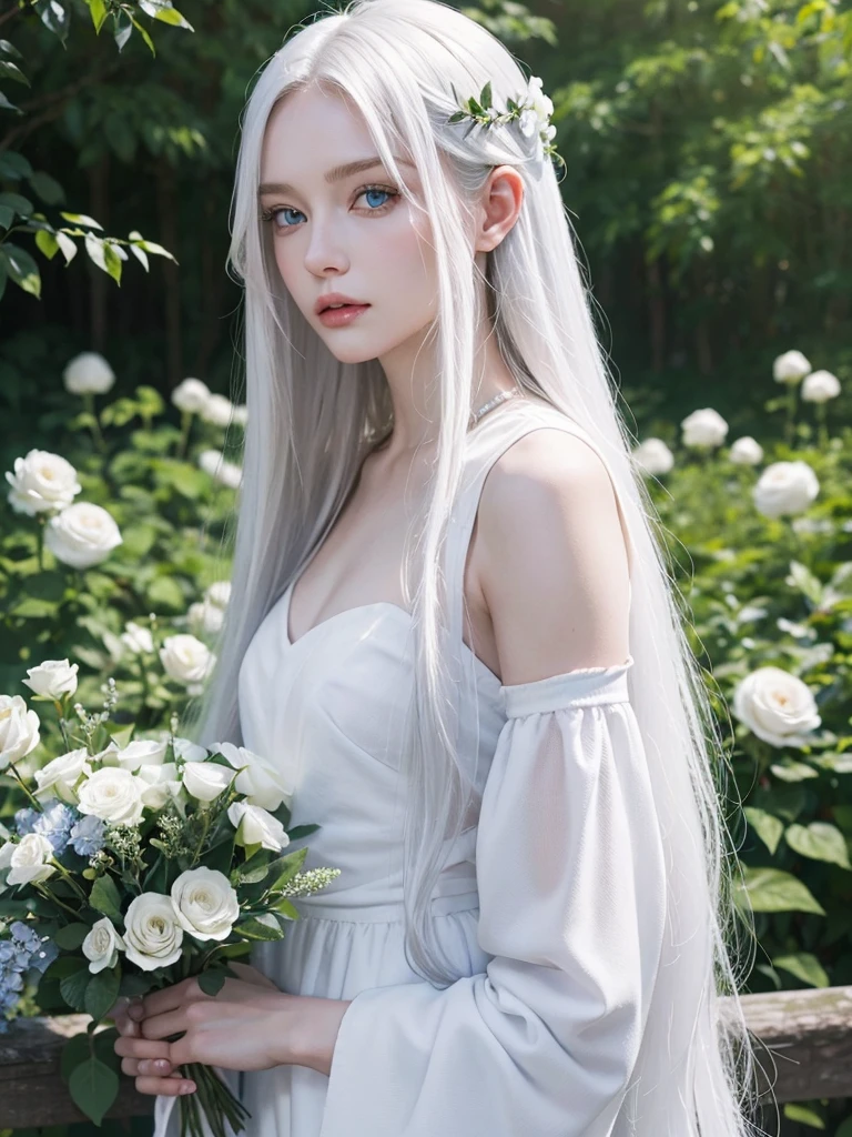 Long white hair, blue eyes, serious features, white skin, loose style, in a garden, with flowers , in the forest 
