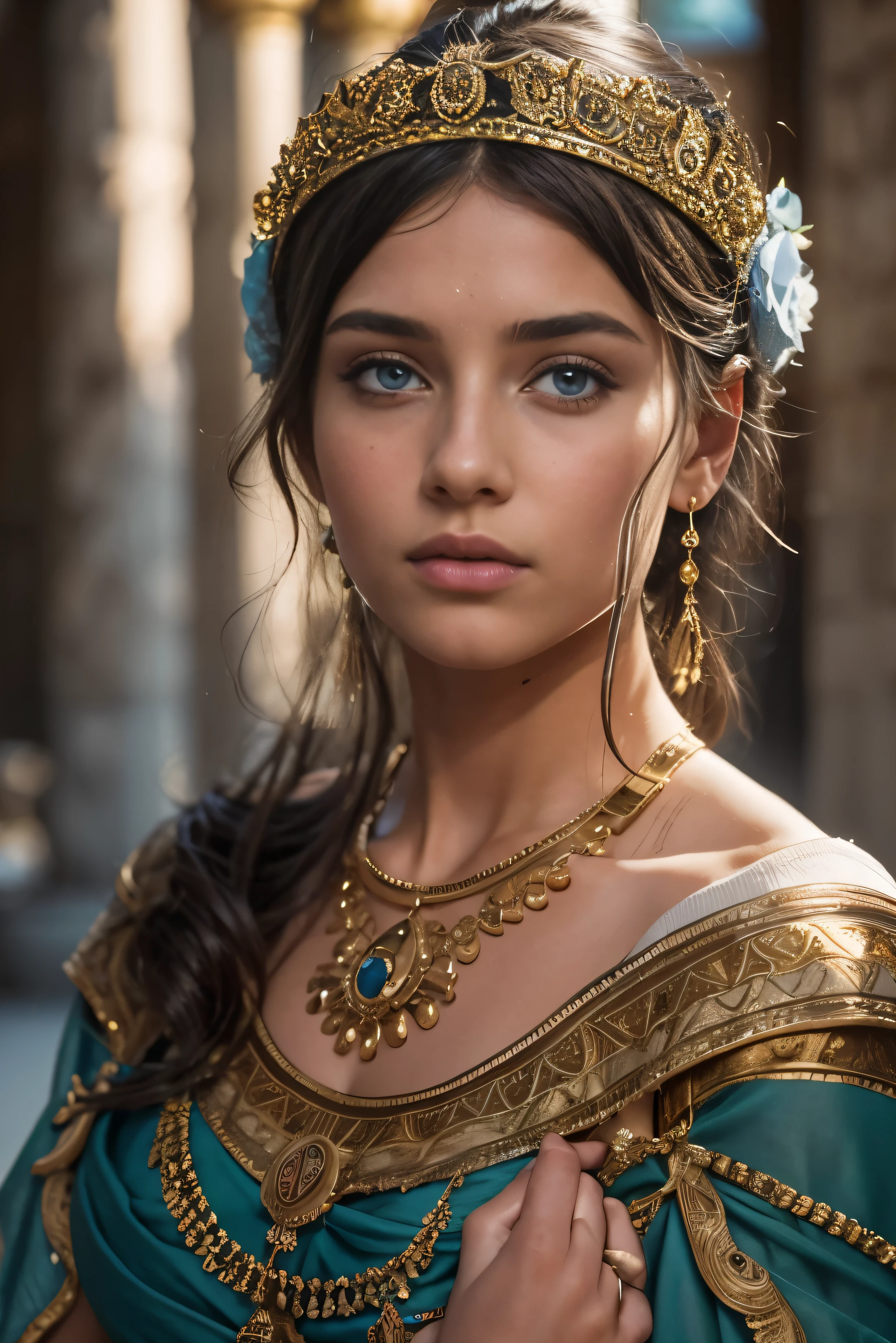 Masterpiece, 1 girl, solo, Imagine Rome, 83 BC, where the strikingly beautiful and noble Valeria Mesalina a 14 years old roman noble girl, (slim body, light black long hair, intense blue eyes, ultra detailed noble yet seductive face),. Mesalina, a 14 years old roman noble girl is radiant in her elegance and embodies the ideal of Roman femininity, her youthful beauty enhanced by the luxurious fabrics and sophisticated ancient roman style wedding garments, (roman clothings from the 1st century BC:1.2), 16K, ultra high res.photorealistic, UHD, RAW