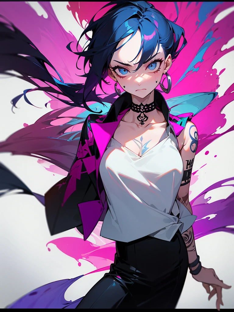 1 woman, wearing a stylish and edgy outfit, the color palette is mainly dark with splashes of vibrant colors, tailored white shirts, fashionable, woman, vibrant, outfit, colorful, accessory, majestic, sharp focus, modern, determined expression, closed one eye, disgusted face, embarrassed, Ink wash painting background, geometry tattoo, (cinematic), elaborate, katana, pose, collarbone,