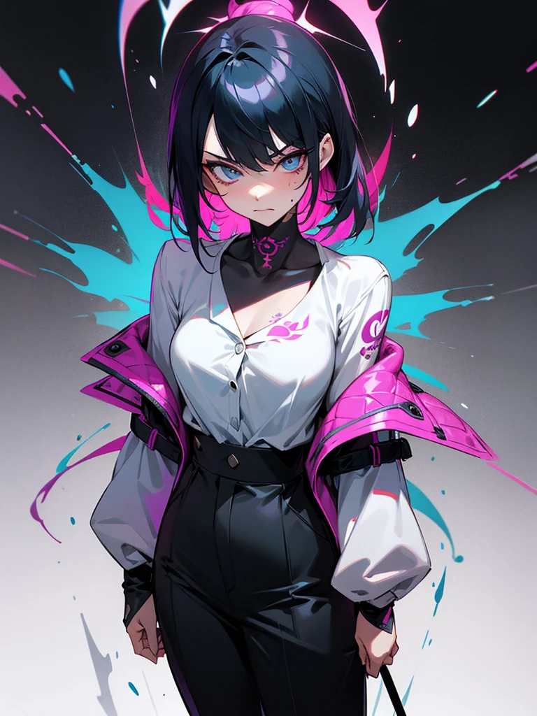 1 woman, wearing a stylish and edgy outfit, the color palette is mainly dark with splashes of vibrant colors, tailored white shirts, fashionable, woman, vibrant, outfit, colorful, accessory, majestic, sharp focus, modern, determined expression, closed one eye, disgusted face, embarrassed, Ink wash painting background, geometry tattoo, (cinematic), elaborate, katana, pose, collarbone,