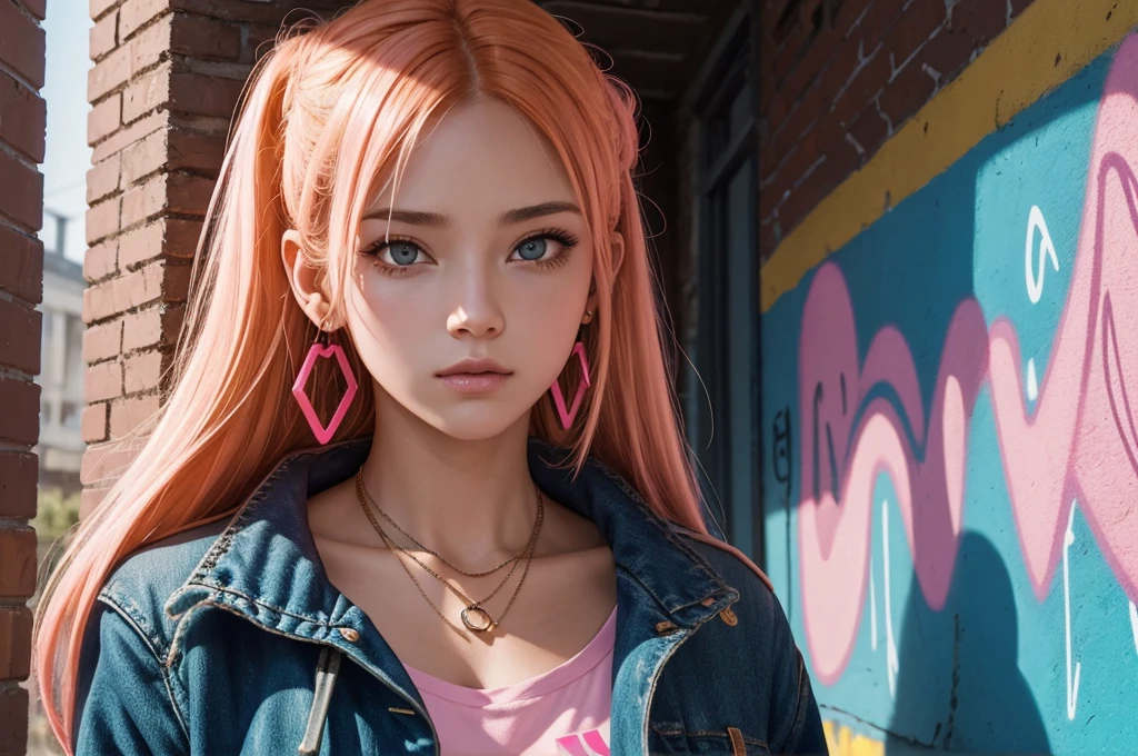 (masterpiece, Best quality, 1 girl, One, complex parts, Chromatic aberration), realistic, ((average breathing)),long hair, orange hair, Decoration on the head, pink highlights, hair over one eye, earrings, keen eyes, necklace, neon shirt, open jacket, crop top, (eye symmetry),(perfect symmetrical body),near the wall, Brick wall, graffiti, dim lighting, lane ,look at the viewer