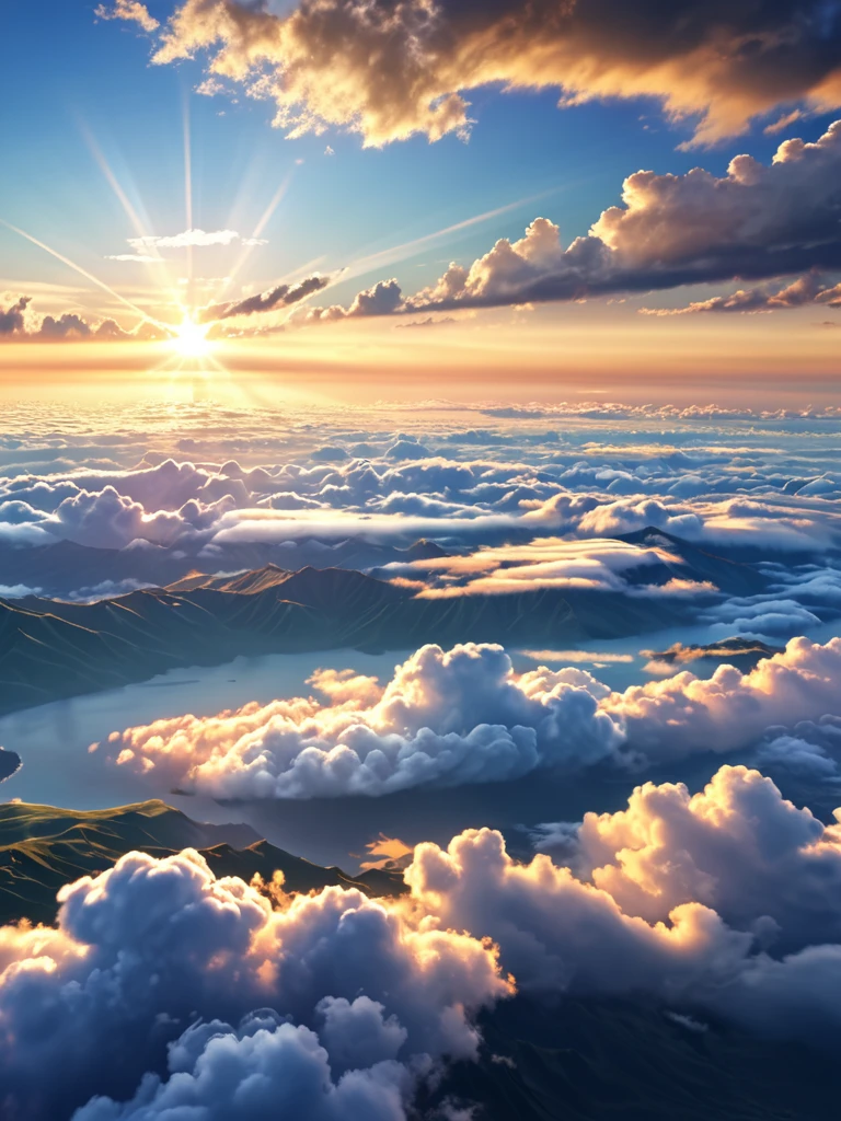 （mont：1.3），Sea of Clouds，the sunrise， Clouds, Tyndall rays，（Works of masters：1.3），（8k wallpaper：1.3），Photorealsitic， morning light