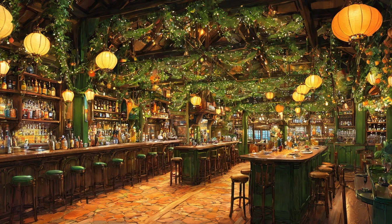 Light, Lots of green and orange, Intricate details,　night、Detailed Characters, Ghibli-like animation, アニメ , Scenes of dwarves, adventurers and elves chatting together in a lively bar (アニメ style), images of a different world or a Western bar, a bright interior,pop style, 