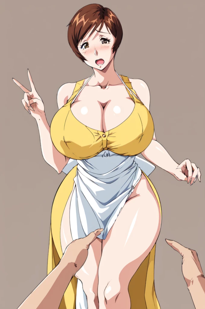 masterpiece, highest quality, High resolution, One girl, 1boy, sexual intercourse, Pornographic images, short hair, etsukoto, brown Eyes, fine grain, fine grain, (((Thick thighs, Plump thighs, Voluptuous thighs, Thighs alone are enough))), Huge and ample breasts, Cleavage, Huge long breasts, Naughty big,((Big breasts are important))、((Naughty thighs)), L Cup, (thin:1.4),(Tight waist:1.4),  (yellow dress:1.4), ((white waist apron)), white panties, anguish, open mouth, blush, (((Simple Background))), ((Wide Hips)), Shiny, Oily skin, Mature mother, Calf, Seductive mature woman, Perfect body, Plus Size Model, curvy, ample, etsukoto, blush, clavicle, retro artstyle, 1990s (style), (thick thighs:1.4), bursting thigh, ((pov)), (((grabbing her thigh))), hetero, nsfw, 