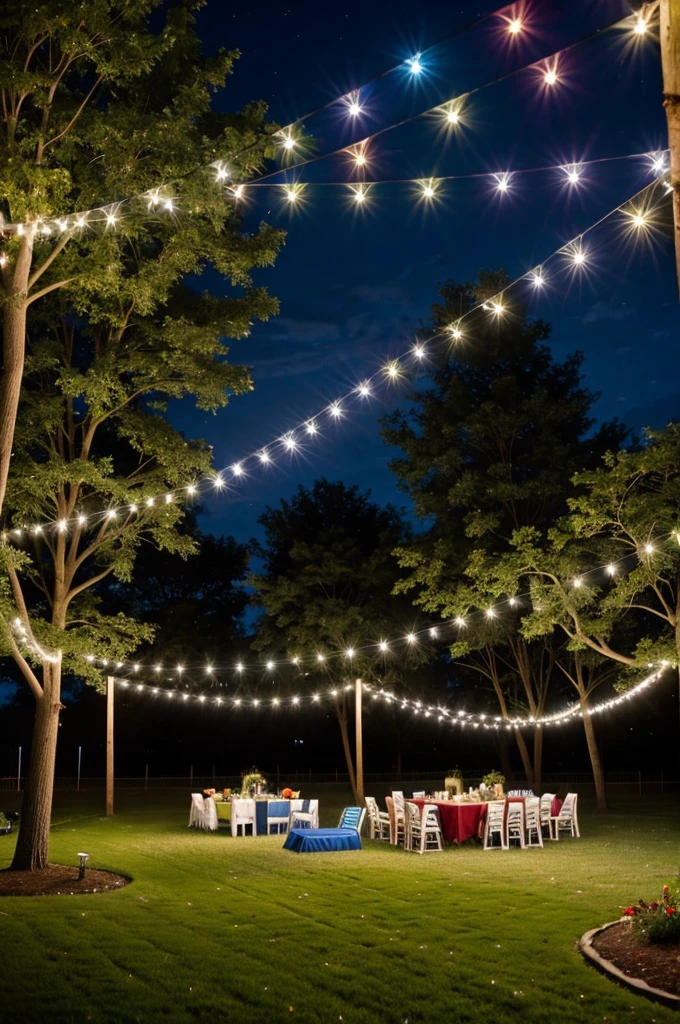 outdoor party, in a grassy yard. decorated with lights and colored flags. 