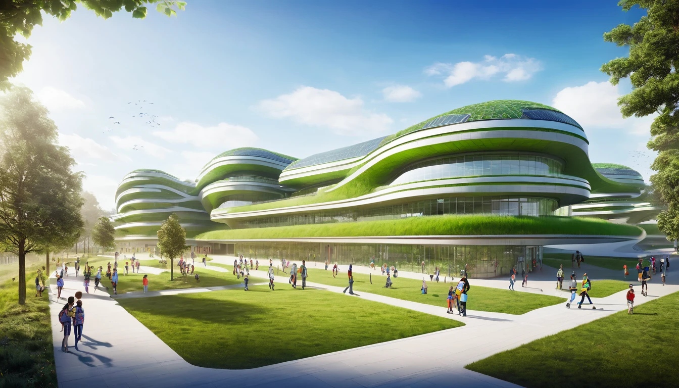 Design a futuristic school campus with sustainable architecture and green spaces.