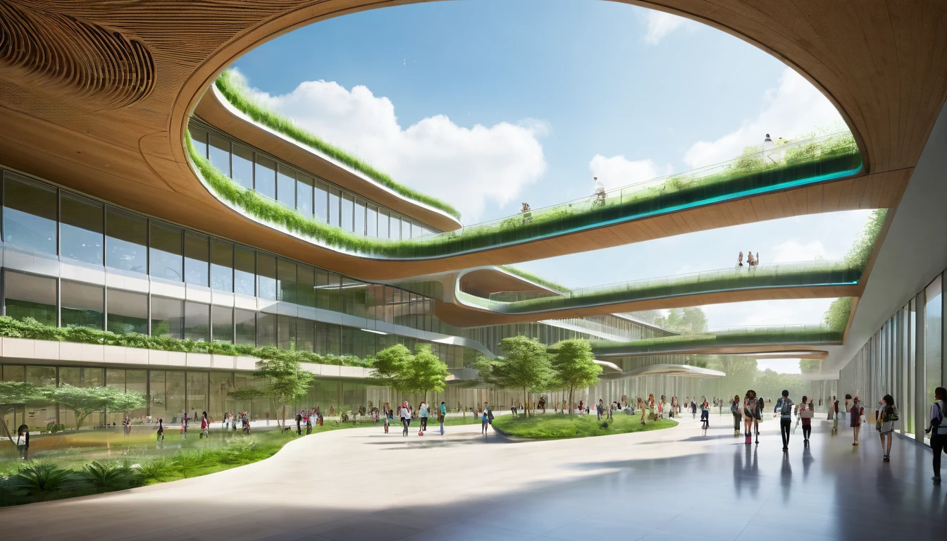 Design a futuristic school campus with sustainable architecture and green spaces.
