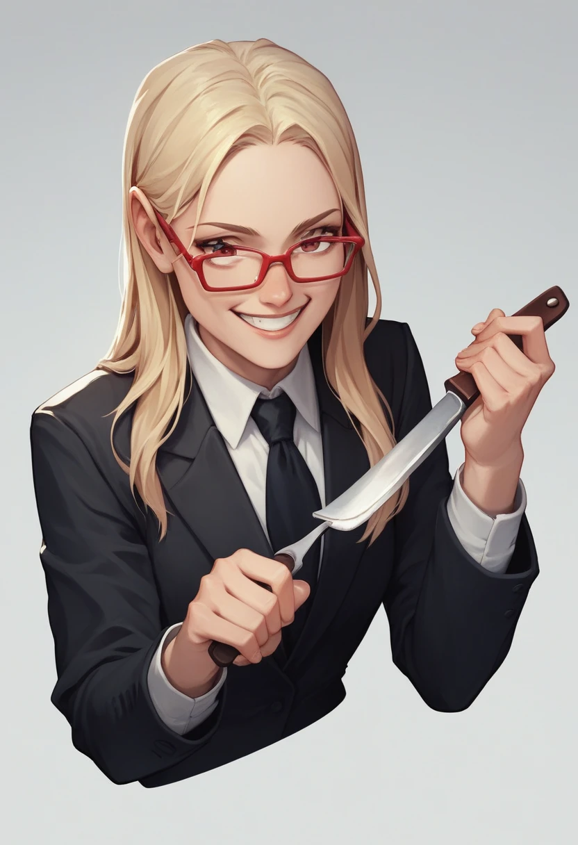 (avatar blonde woman), (long hair alone smiling), (only the bust), (Black Suit), (Red glasses), (fork in one hand and knife in the other hand), (3d style image).
