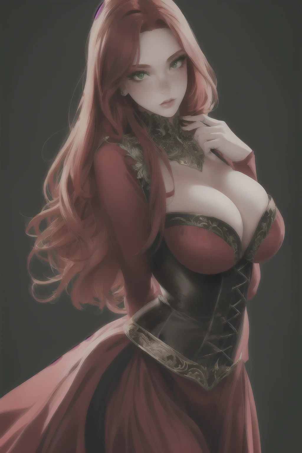 a woman with long crimson hair, intricate Green corset, beautiful detailed eyes, beautiful detailed lips, extremely detailed face, longeyelashes, elegant pose, graceful movement, breathtaking, detailed and realistic, oil painting, dramatic lighting, warm color palette, cinematic composition, masterpiece, 8k, high quality, poison ivy, freckles on breasts, freckles on face