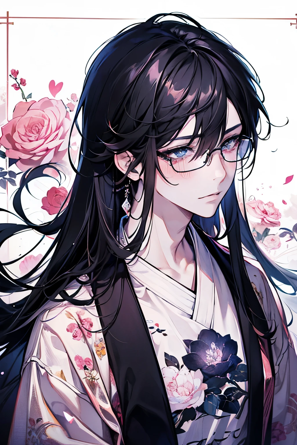 ((Beautiful men's:1.2)), black hair,Sparkling marble eyes,Shiny Sparkling eyes,Oversized floral T-shirt,high quality, amount of drawing, pixiv illustration,nsfw,beautiful image,perfect pixiv,glasses,(Crying),blush,Shyness,Japanese style background