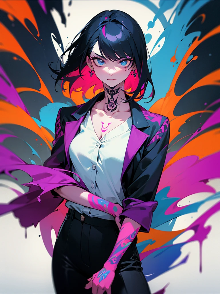 1 woman, wearing a stylish and edgy outfit, the color palette is mainly dark with splashes of vibrant colors, tailored white shirts, fashionable, woman, vibrant, outfit, colorful, accessory, majestic, sharp focus, modern, determined expression, closed one eye, disgusted face, embarrassed, Ink wash painting background, geometry tattoo, (cinematic), elaborate, katana, pose, collarbone,